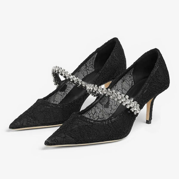 Black Lace-Trimmed Crystal Mid-Heels
