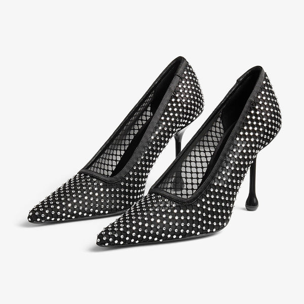 Black Satin Crystal Mesh Drop-Heel Pumps