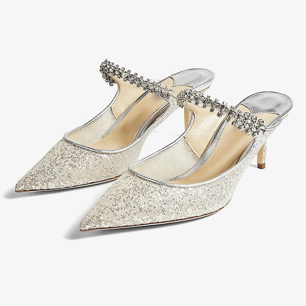 Glitter Woven Pointed-Toe Heeled Mules