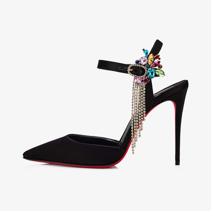 Black Satin Crepe Pumps with Silver Rhinestones - ARNO CONTI
