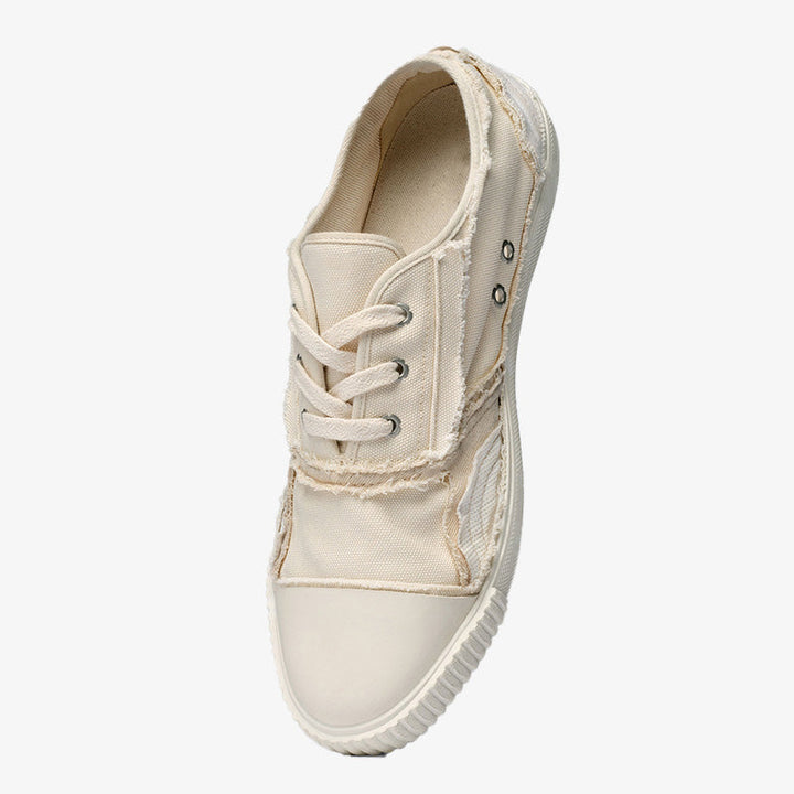 Off White Cotton Canvas Lace-Up Sneakers - Arno Conti Shoe