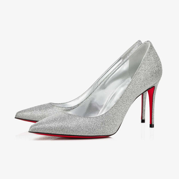 Silver Calf Leather Pointed Toe Heels