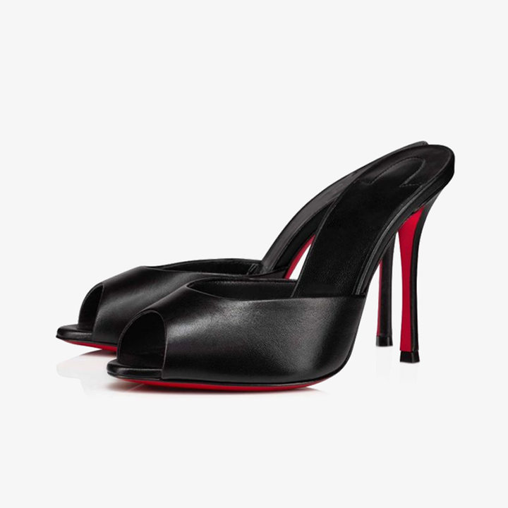 Black Leather Stiletto with Open Toe - ARNO CONTI