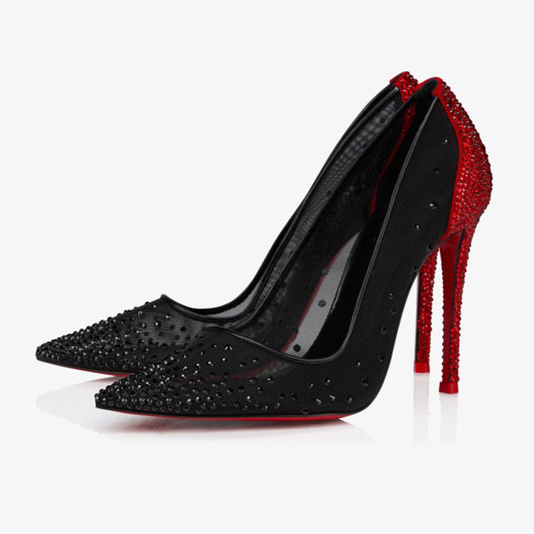 Black Rhinestone Mesh Pointed Pumps