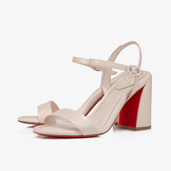 Beige Calf Leather Sandal with Block Heel