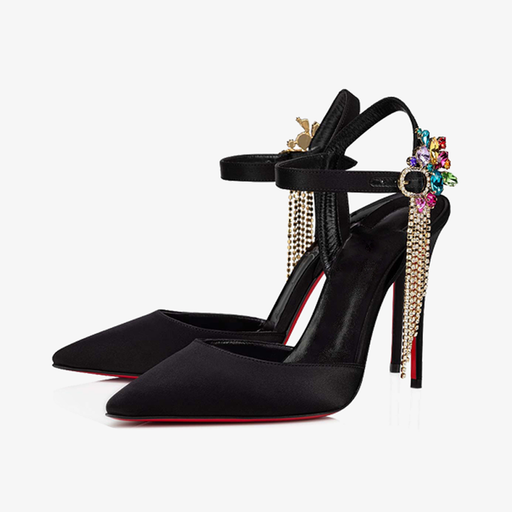 Black Satin Crepe Pumps with Silver Rhinestones - ARNO CONTI