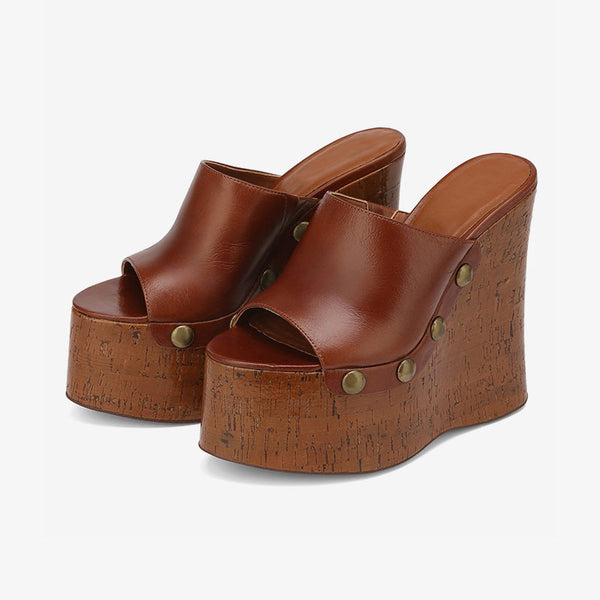 Brown Leather Peep Toe Cork Platform