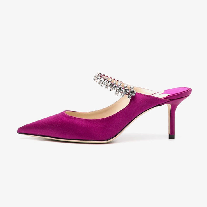 Purple Satin Crystal-Embellished Strap Mules - Arno Conti Shoe