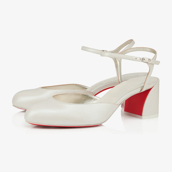 White Calf Leather Pumps with Beveled Block Heel