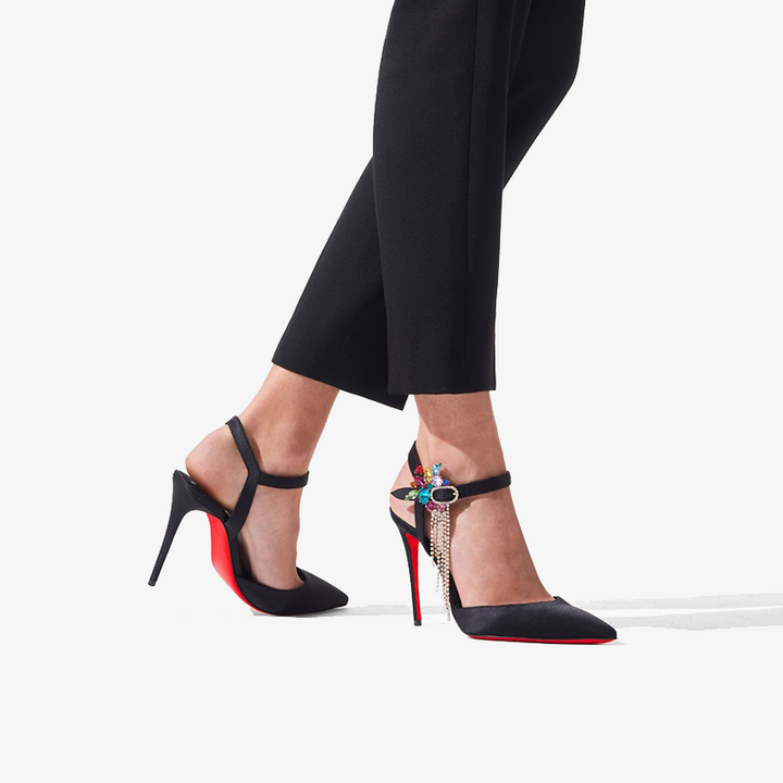 Black Satin Crepe Pumps with Silver Rhinestones - ARNO CONTI