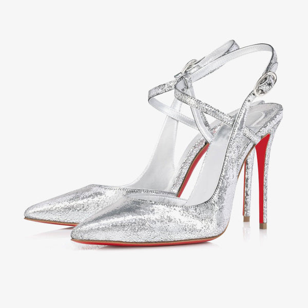Silver Pointed-Toe Stiletto Heels with Ankle Strap