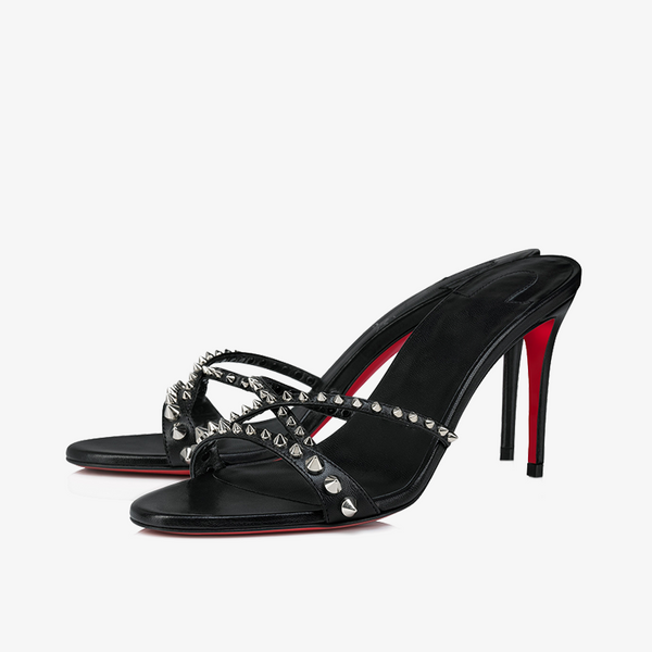 Sleek Black Leather Sandal with Spikes