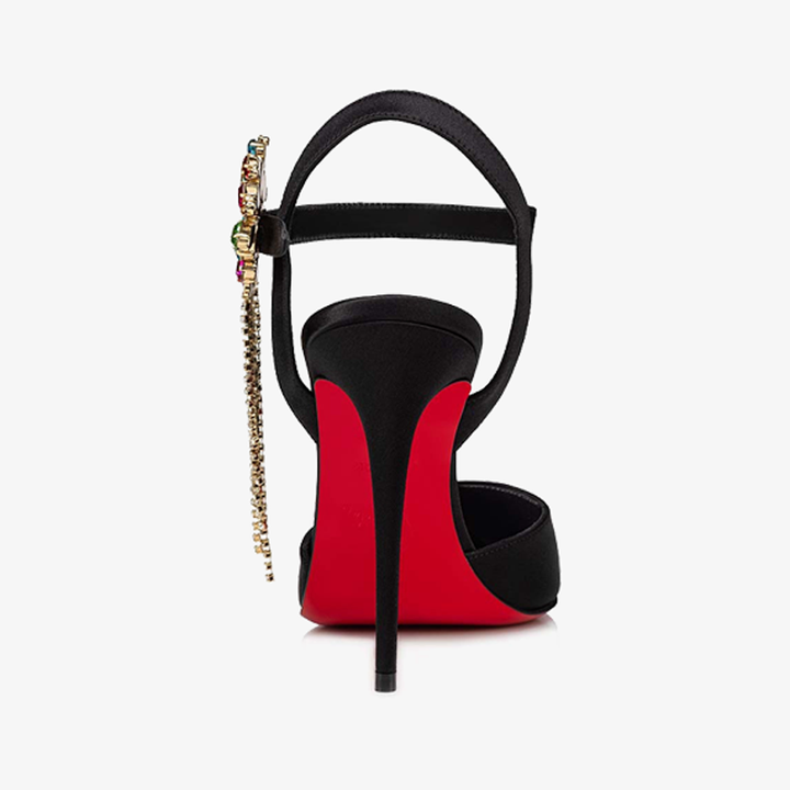 Black Satin Crepe Pumps with Silver Rhinestones - ARNO CONTI