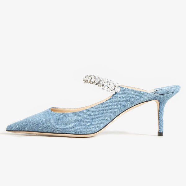 Blue Crystal-Embellished Denim Mules