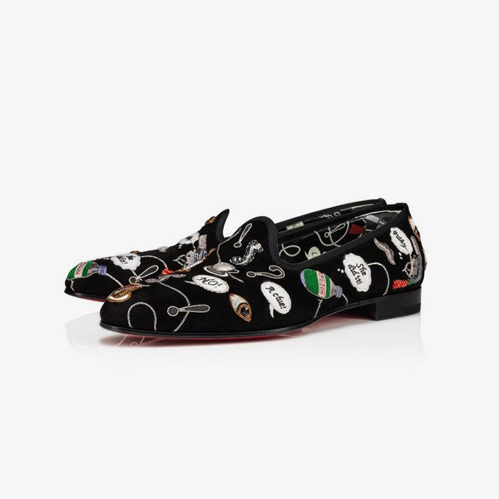 Men Embroidered Graffiti Loafers Suede Black - ARNO CONTI