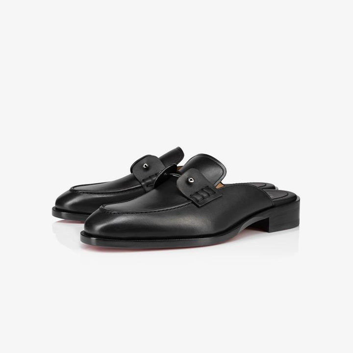 Black Leather Backless Collar Pin Loafer - ARNO CONTI