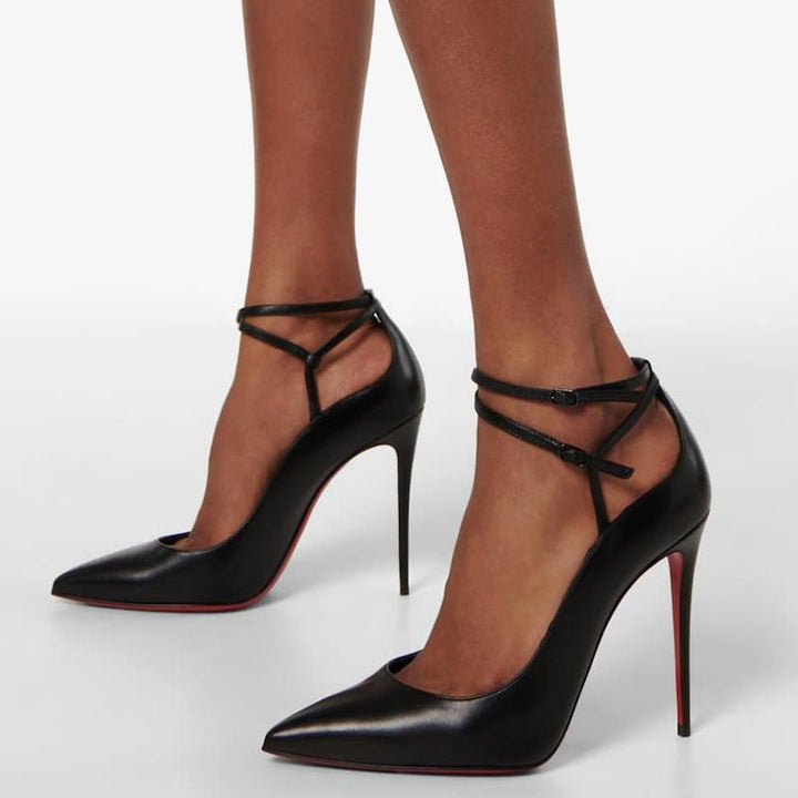Black Leather Ankle Strap Pumps - ARNO CONTI