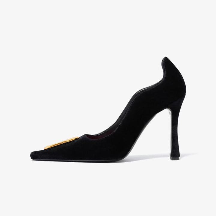 Black Suede Pumps with Gold Keyhole - Arno Conti Shoe