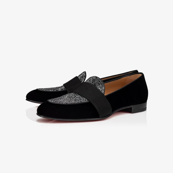 Glitter Rhinestone Strap Loafers Velvet Leather - ARNO CONTI