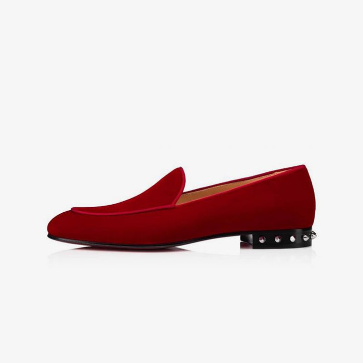 Red Velvet Loafers Studs-Heel Shoes - ARNO CONTI