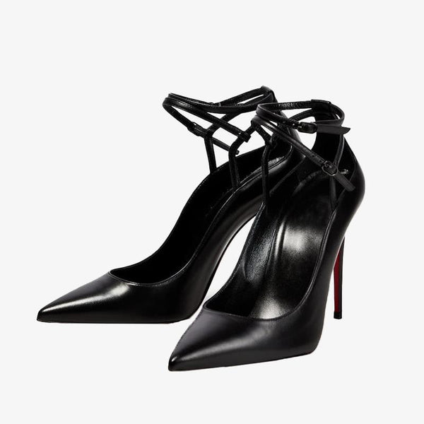 Black Leather Ankle Strap Pumps - ARNO CONTI