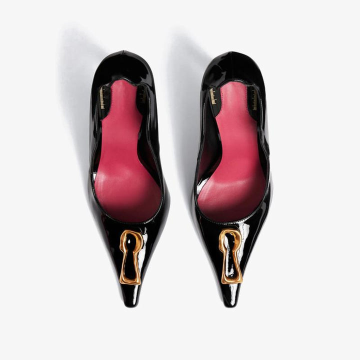 Patent Leather Pointed Pumps 100mm with Golden Keyhole Detail - Arno Conti Shoe