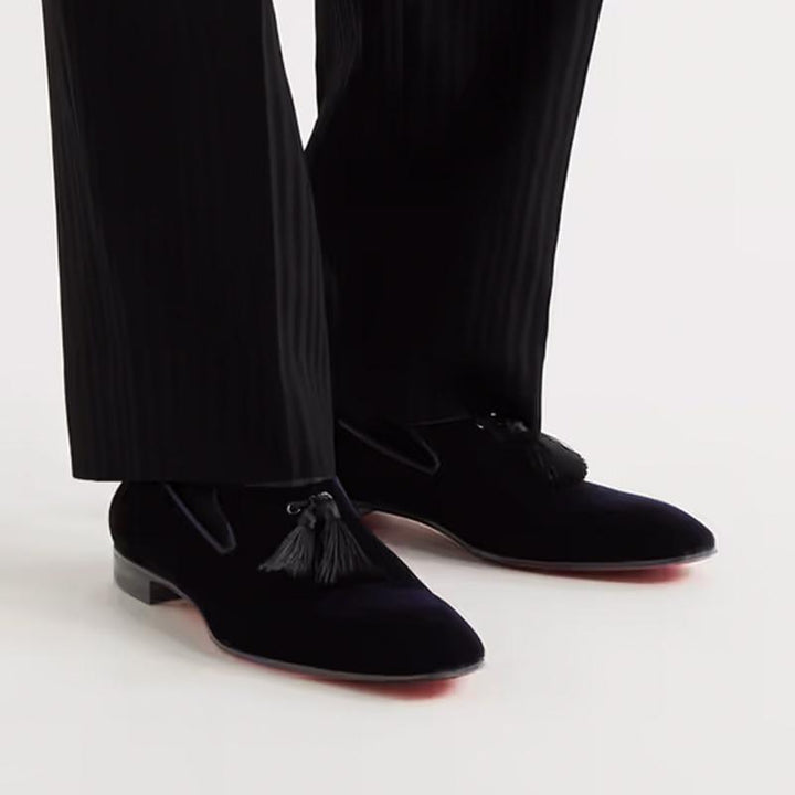 Blueberry Velvet Fringe Slip On Loafers - ARNO CONTI