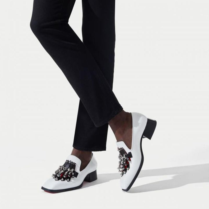 White Leather Loafers Rivets Square Toe Heels - ARNO CONTI