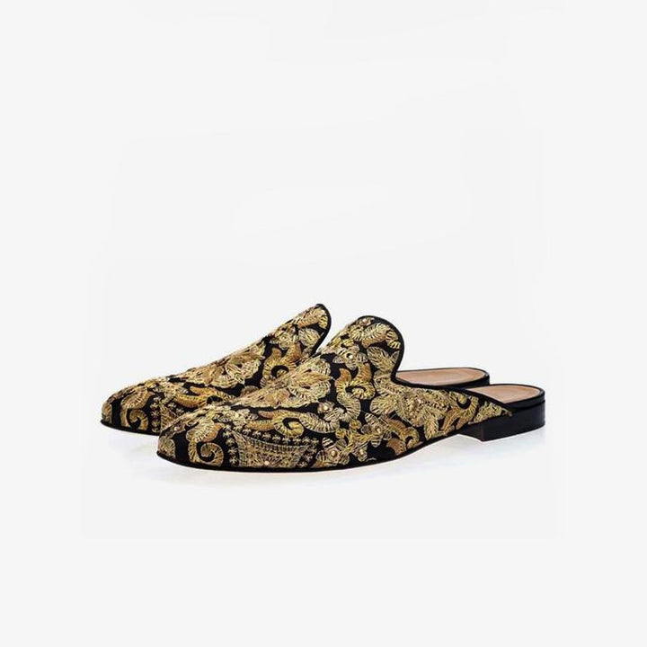 Gold Embroidered Canvas Mules Sandals - ARNO CONTI