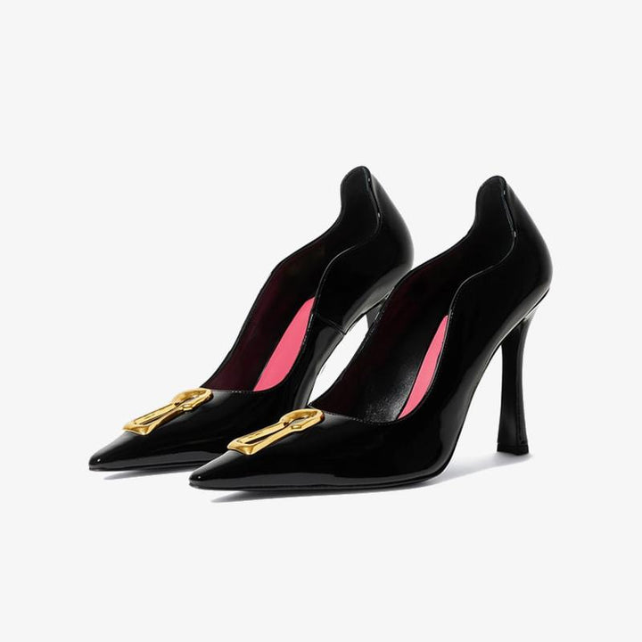 Patent Leather Pointed Pumps 100mm with Golden Keyhole Detail - Arno Conti Shoe
