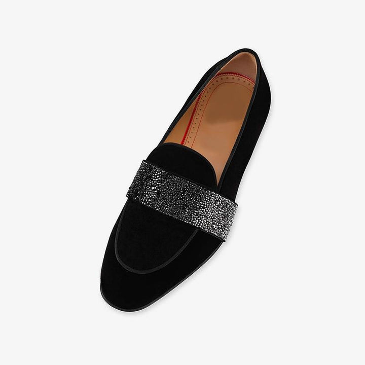 Velvet Rhinestone Loafers Calf Flat Shoes - ARNO CONTI