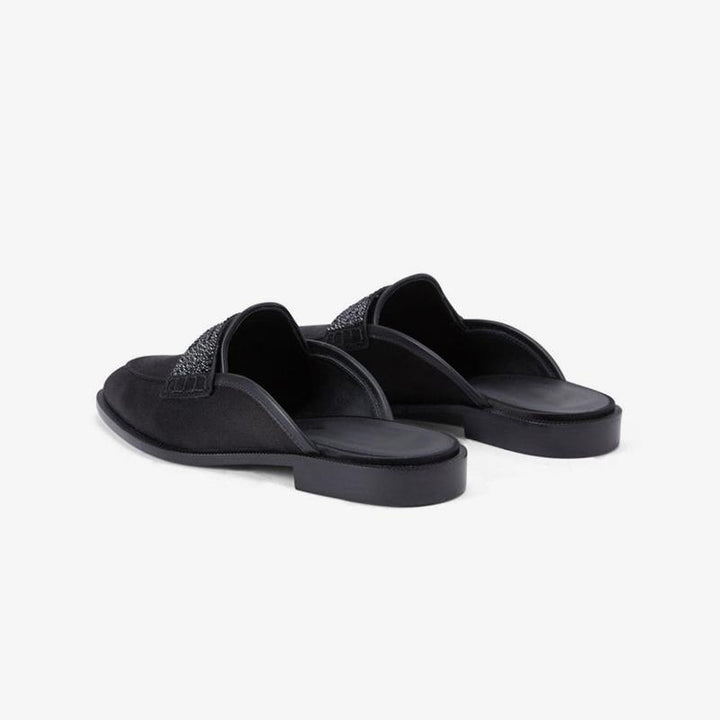 Black Rhinestone Slipper Leather Satin Shoes - ARNO CONTI