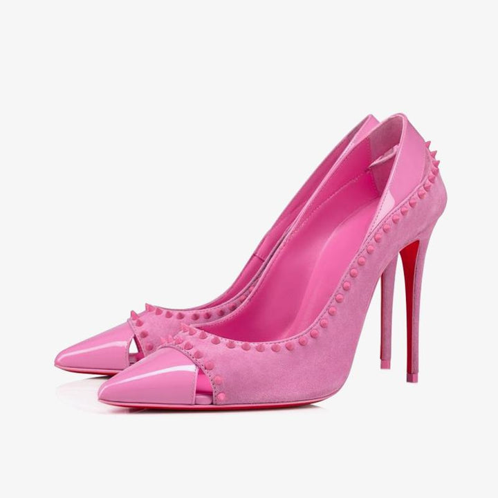 Bubblegum Pink Patent Leather Spiked Pumps - ARNO CONTI