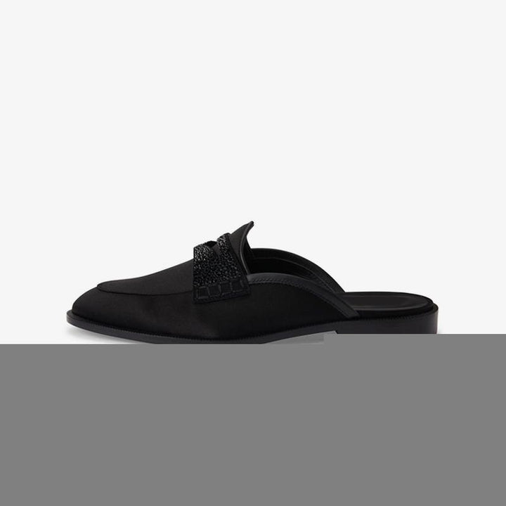 Black Rhinestone Slipper Leather Satin Shoes - ARNO CONTI