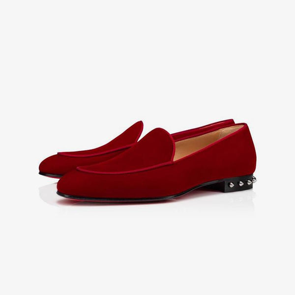 Red Velvet Loafers Studs-Heel Shoes - ARNO CONTI