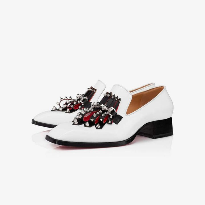 White Leather Loafers Rivets Square Toe Heels - ARNO CONTI