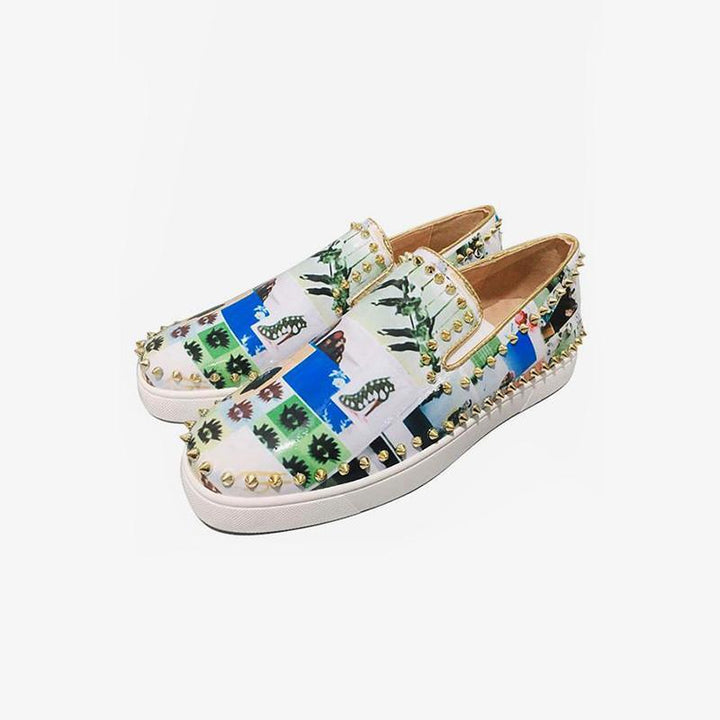Leather Printed Spike Flat Sneakers - ARNO CONTI