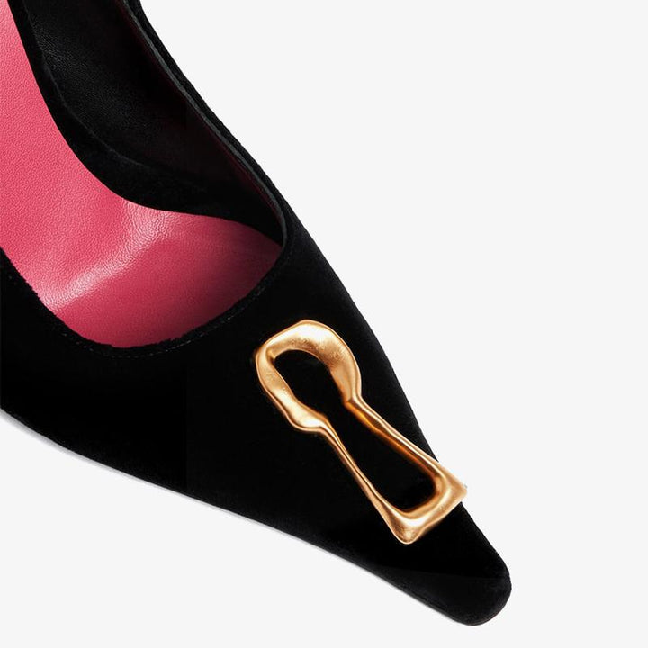 Black Suede Pumps with Gold Keyhole - Arno Conti Shoe
