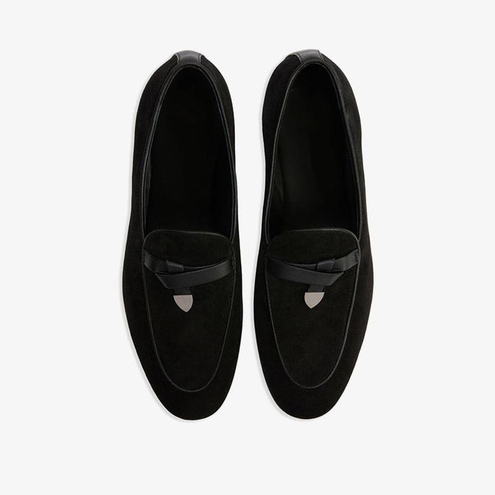 Jet Black Almond-Toe Suede Loafers - Arno Conti Shoe