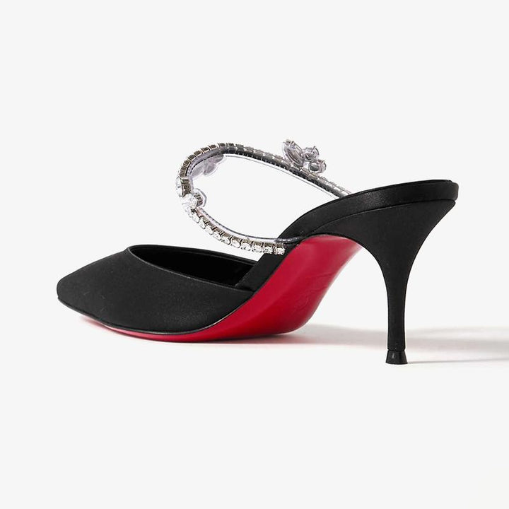 Black Satin Pumps with Crystal Embellishments - ARNO CONTI