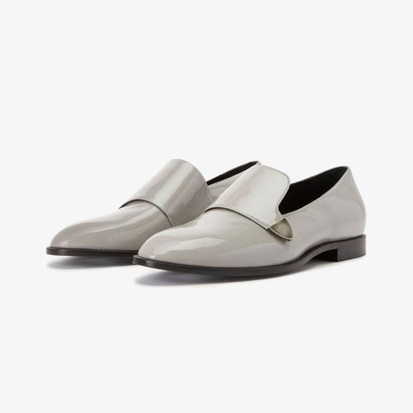 Ash Grey Patent Leather Loafers with Silver-Tone Plaque - Arno Conti Shoe
