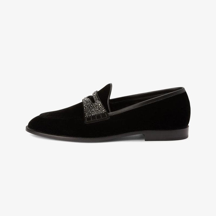 Black Velvet Loafers with Rhinestone Detail - Arno Conti Shoe