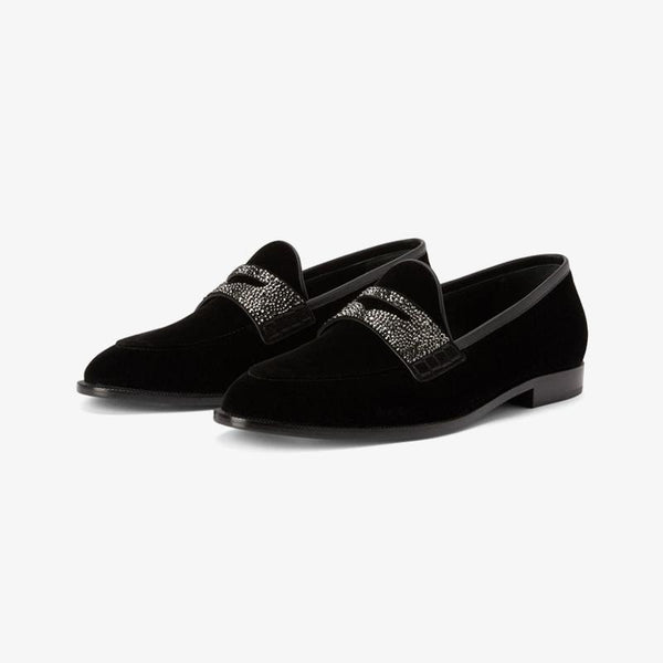 Black Velvet Loafers with Rhinestone Detail - Arno Conti Shoe