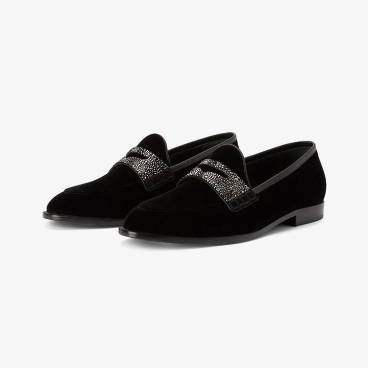 Black Velvet Loafers with Rhinestone Detail - Arno Conti Shoe
