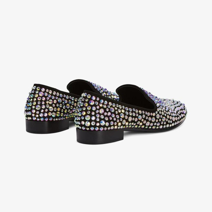 Black Suede Crystal-Embellished Loafers - Arno Conti Shoe