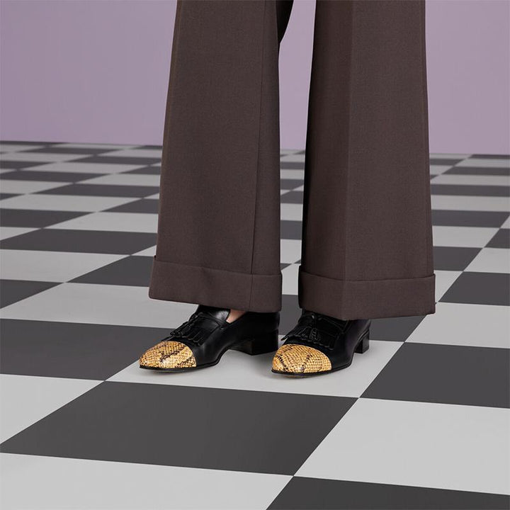 Black and Yellow Python Loafers with Fringe Detail - Arno Conti Shoe