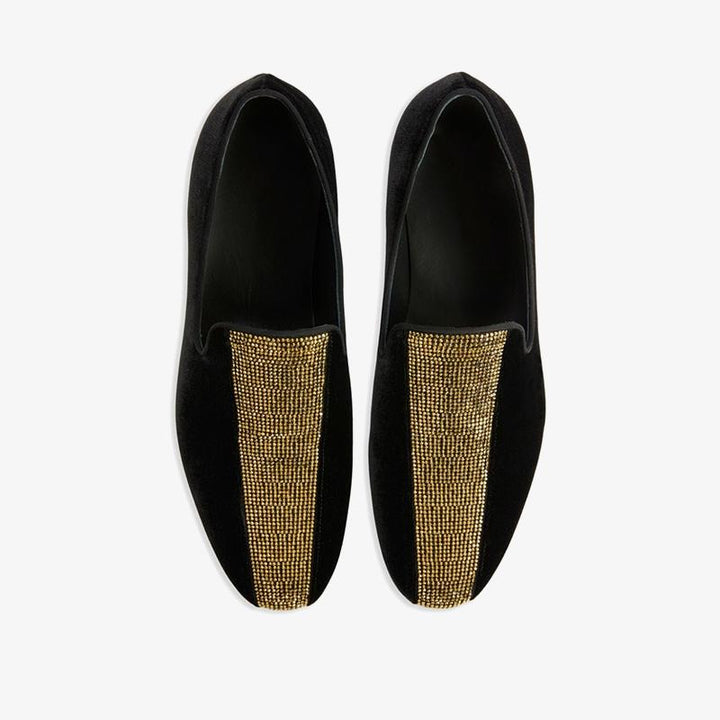 Black & Gold Velvet Tuxedo Diamond Loafers - Arno Conti Shoe
