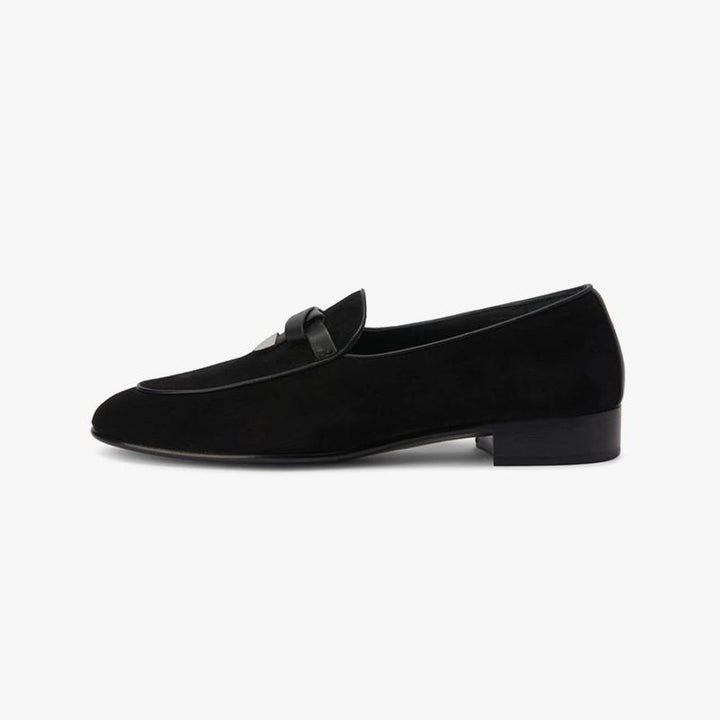 Jet Black Almond-Toe Suede Loafers - Arno Conti Shoe