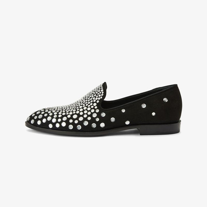 Core Black Suede Crystal-Embellished Loafers - Arno Conti Shoe