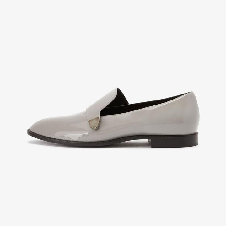 Ash Grey Patent Leather Loafers with Silver-Tone Plaque - Arno Conti Shoe